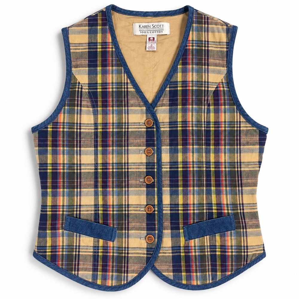 Vintage 1990s Karen Scott Women's S Plaid Cotton Vest Button Front Preppy